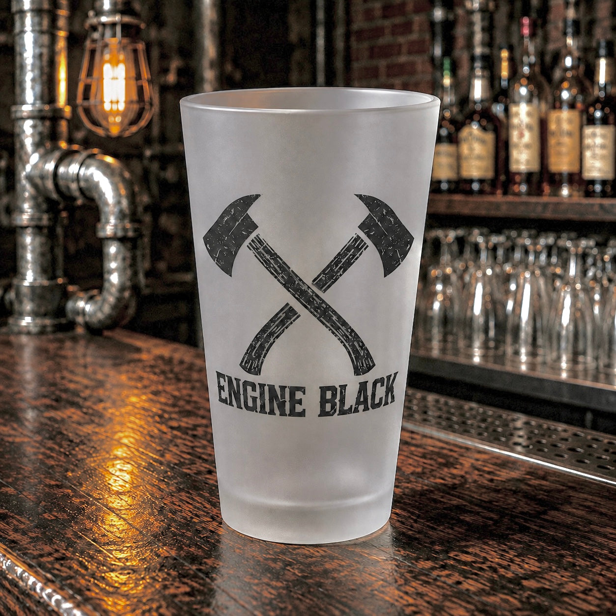 Engine Black Crossed Axes Frosted Pint Glass | Premium Fire & Rescue Lifestyle | Apparel & Accessories