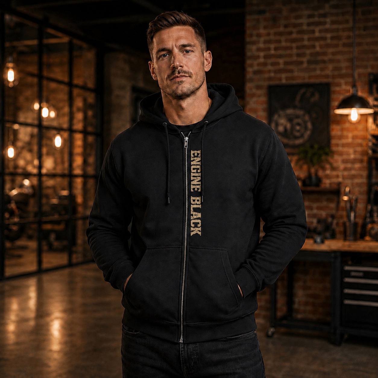 Engine Black™ Zip-Up Hoodie — Crossed Axes "We Don't Stay Clean" | Premium Fire Rescue Lifestyle Apparel