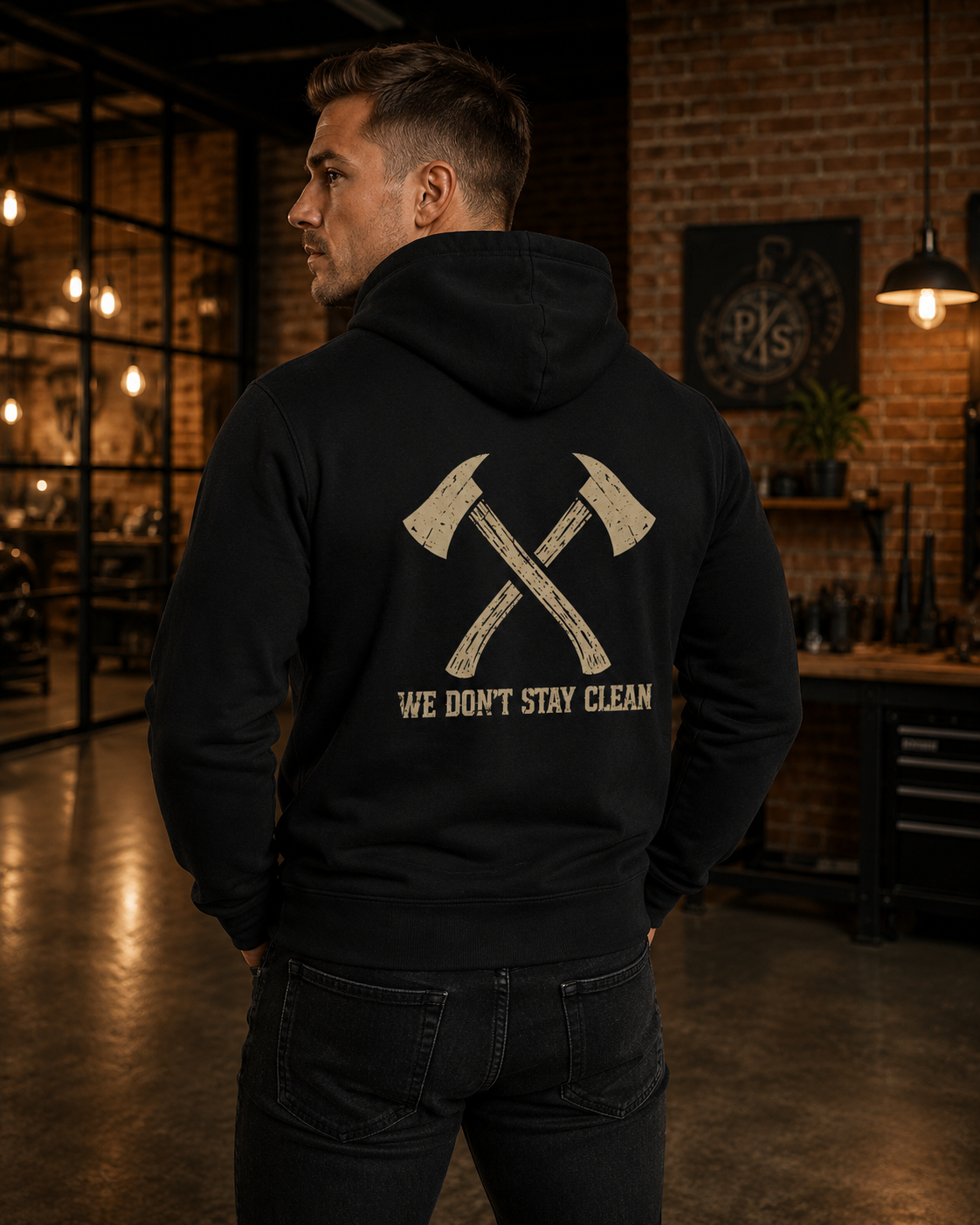 Engine Black™ Zip-Up Hoodie — Crossed Axes "We Don't Stay Clean" | Premium Fire Rescue Lifestyle Apparel
