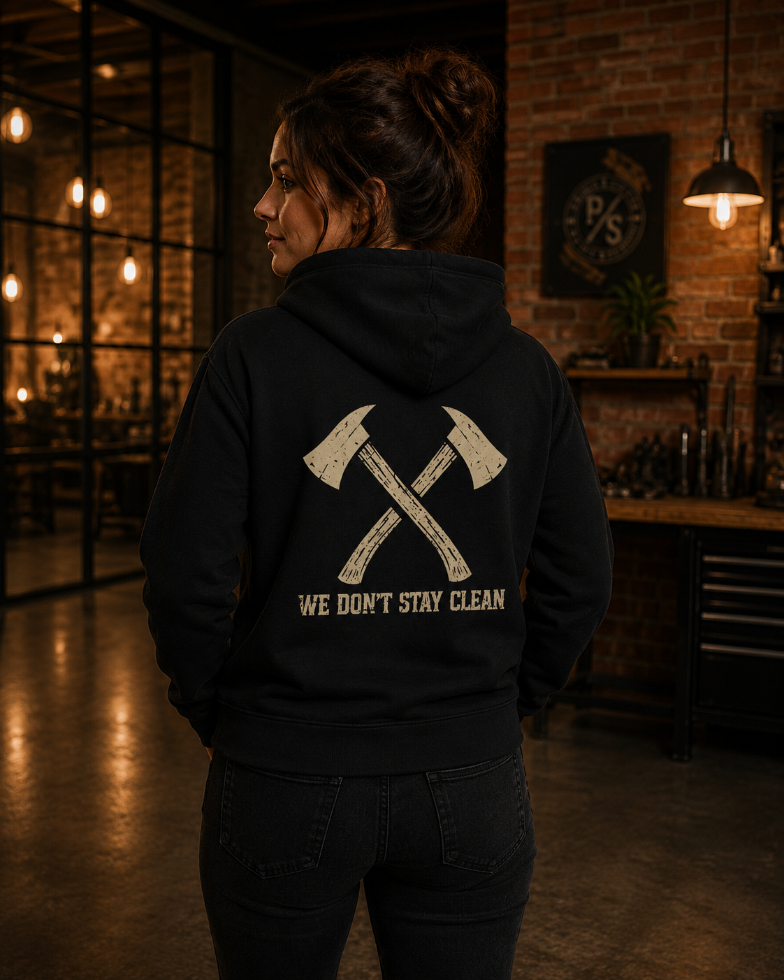 Engine Black™ Zip-Up Hoodie — Crossed Axes "We Don't Stay Clean" | Premium Fire Rescue Lifestyle Apparel