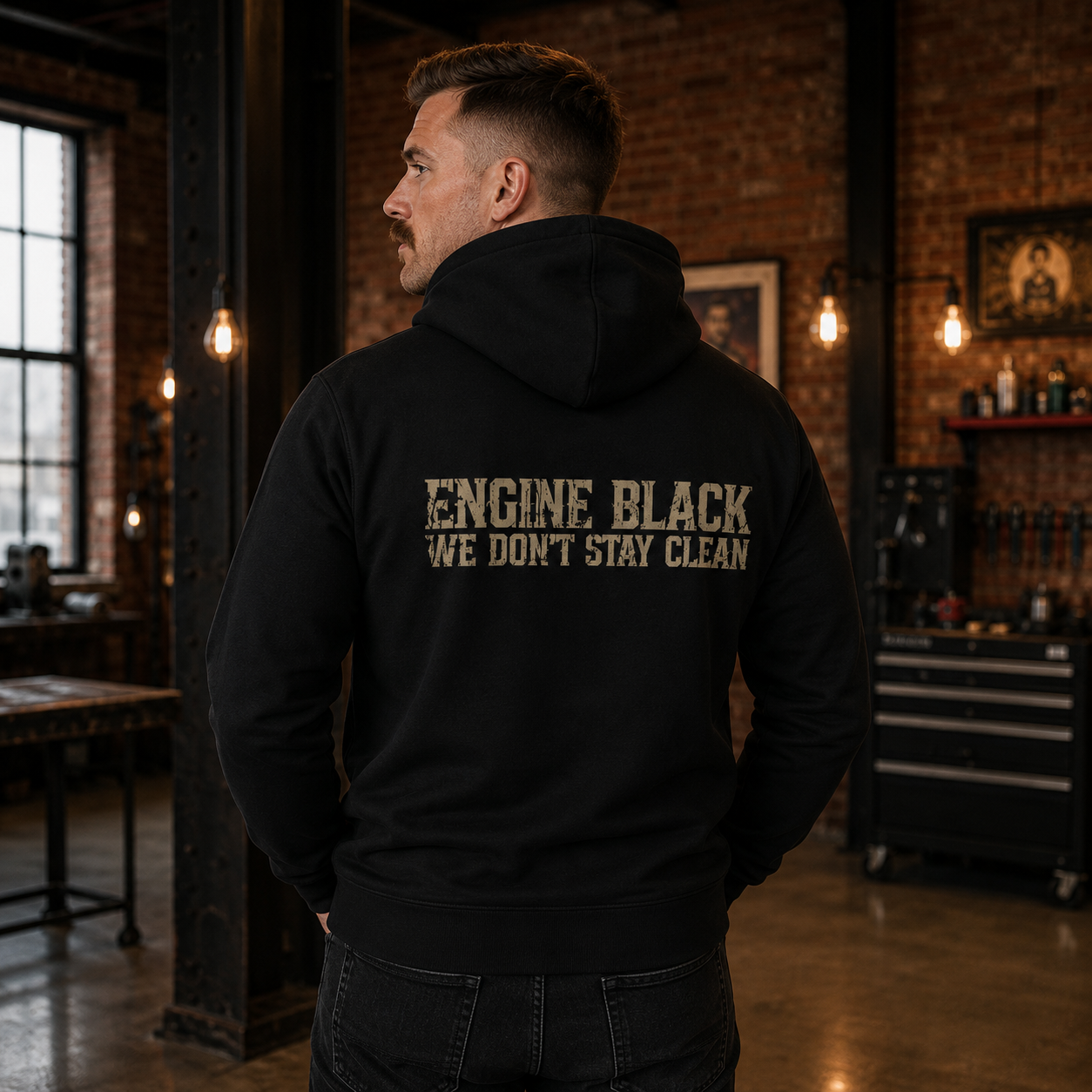 Engine Black™ Pullover Hoodie — “We Don’t Stay Clean” | Premium Fire Rescue Lifestyle Apparel