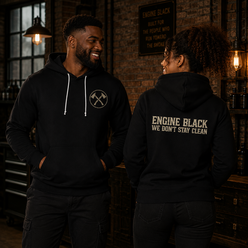 Engine Black™ Pullover Hoodie — “We Don’t Stay Clean” | Premium Fire Rescue Lifestyle Apparel