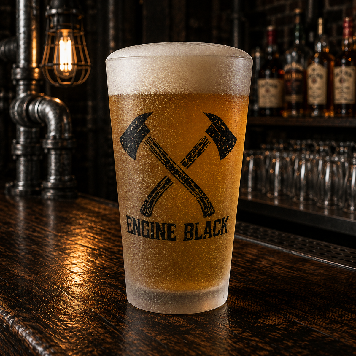 Engine Black Crossed Axes Frosted Pint Glass | Premium Fire & Rescue Lifestyle | Apparel & Accessories
